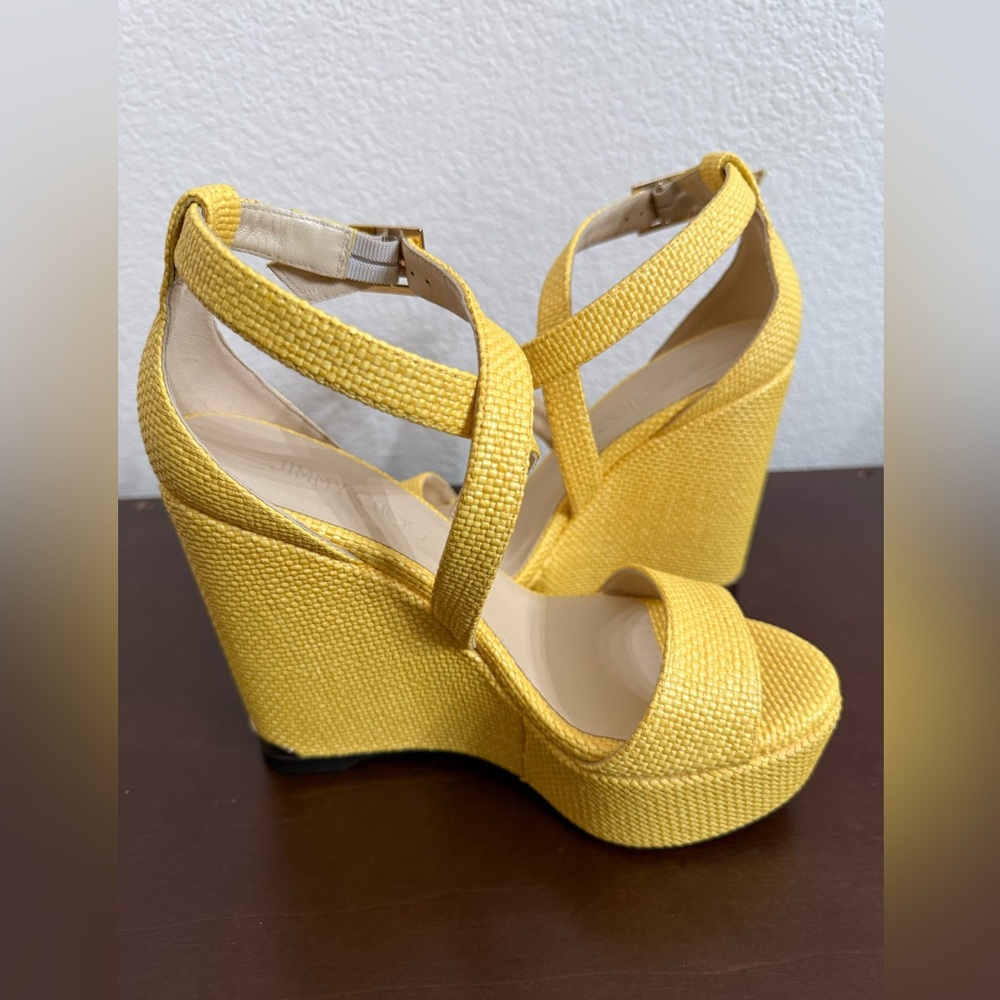 Jimmy Choo London Raffia Platform Wedge Sandals Yellow Size 37 NEW Unworn
